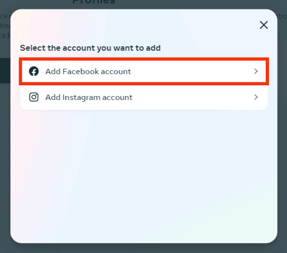 Select Add Facebook Account Option