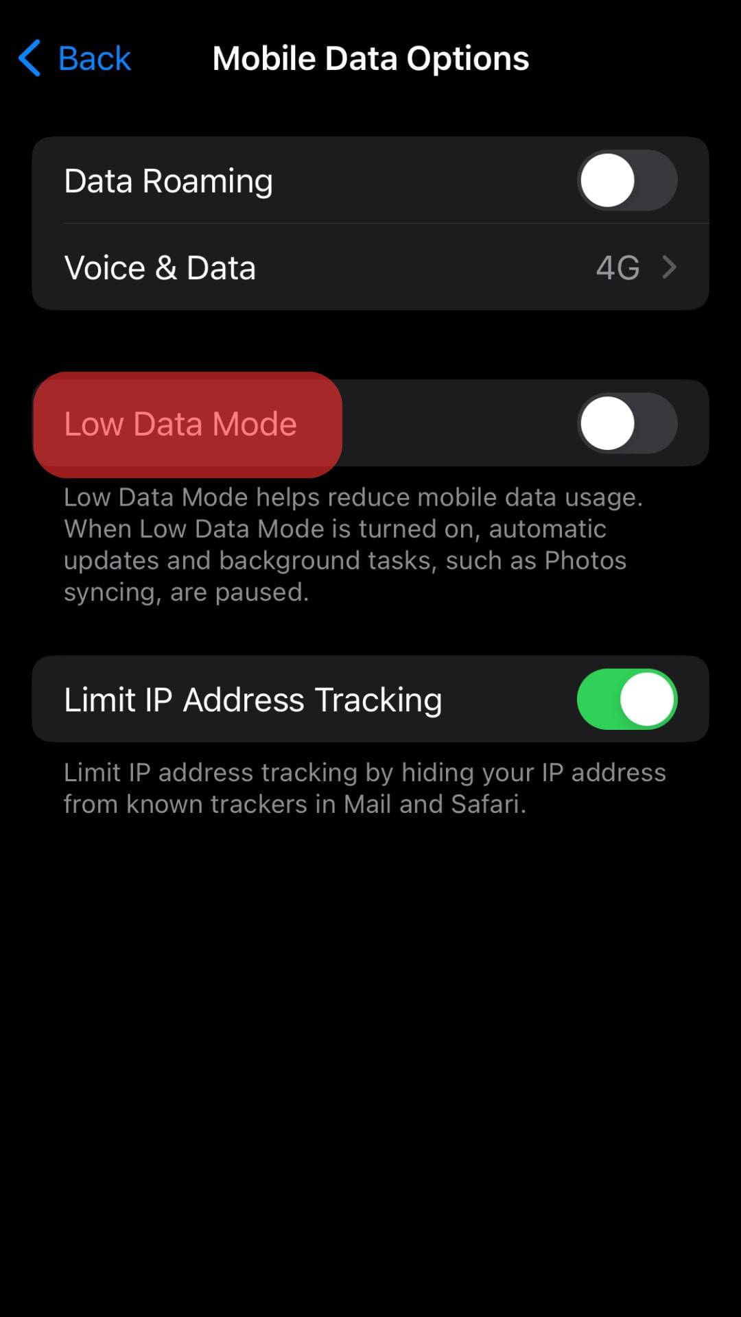 Select Low Data Mode.