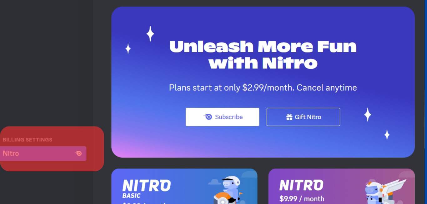 Select Nitro Under Billing Settings