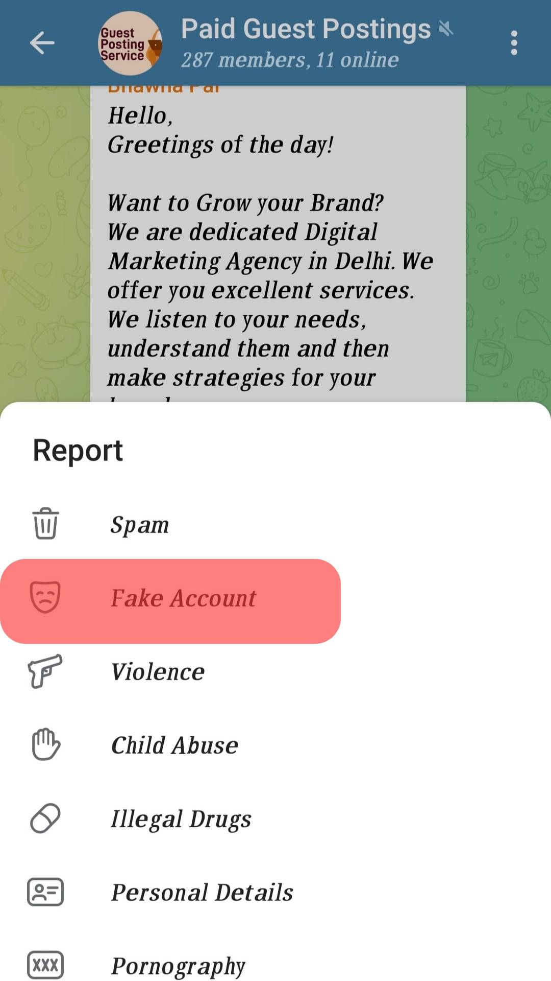 Select A Reason To Report Telegram Channel