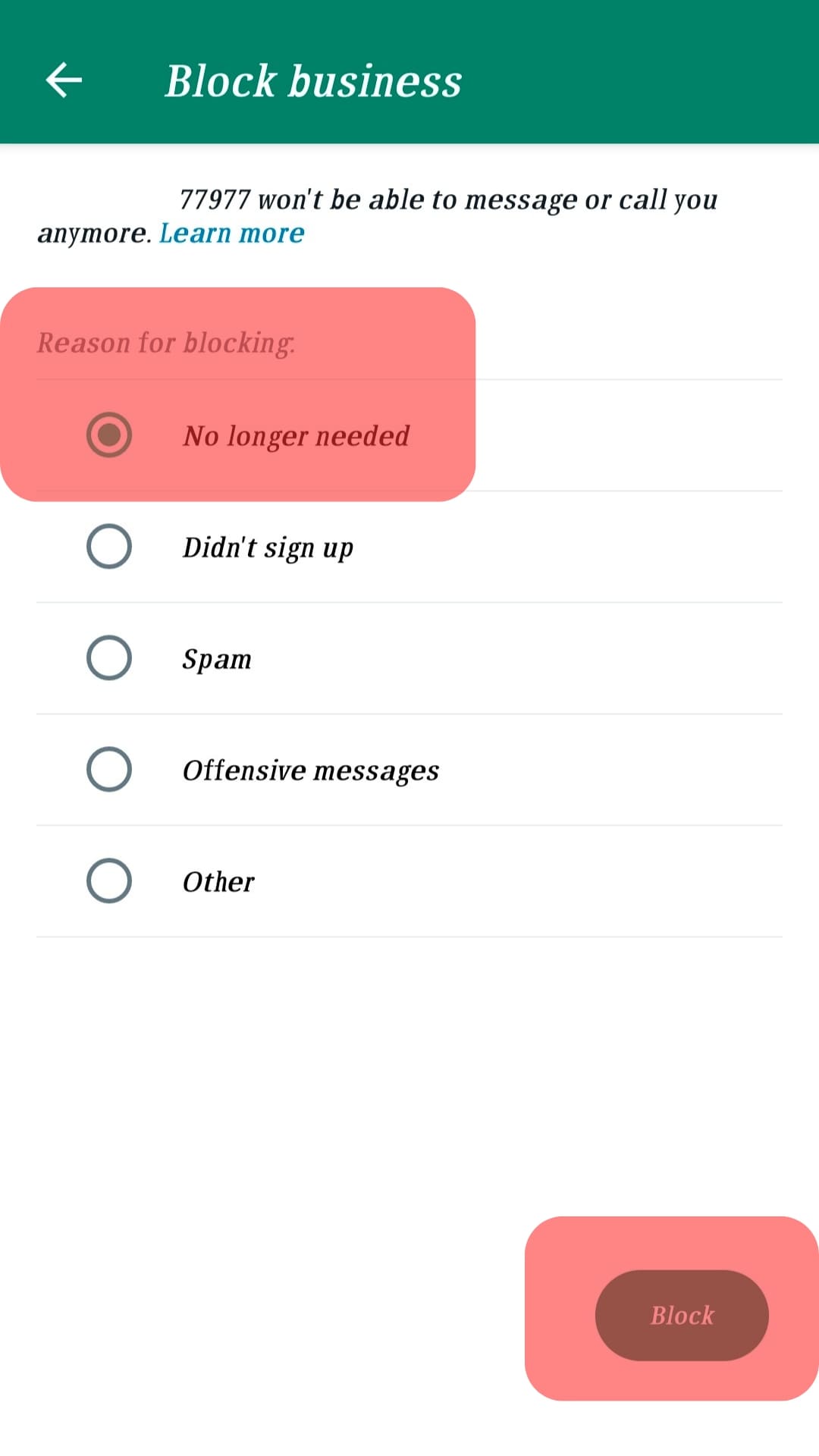 Select A Reason And Tap The Block Option