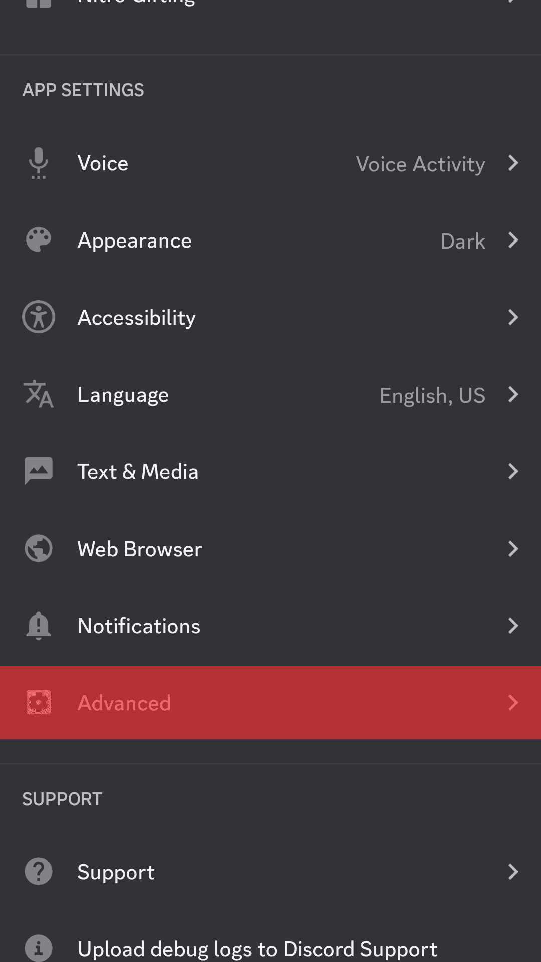 Select Advanced Under App Settings