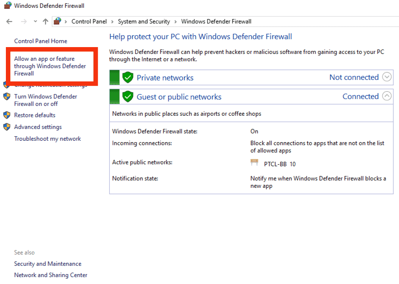 Select Allow An App Or Feature Through Windows Firewall