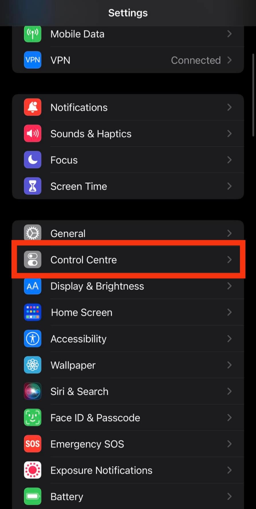 Select The Control Centre Option