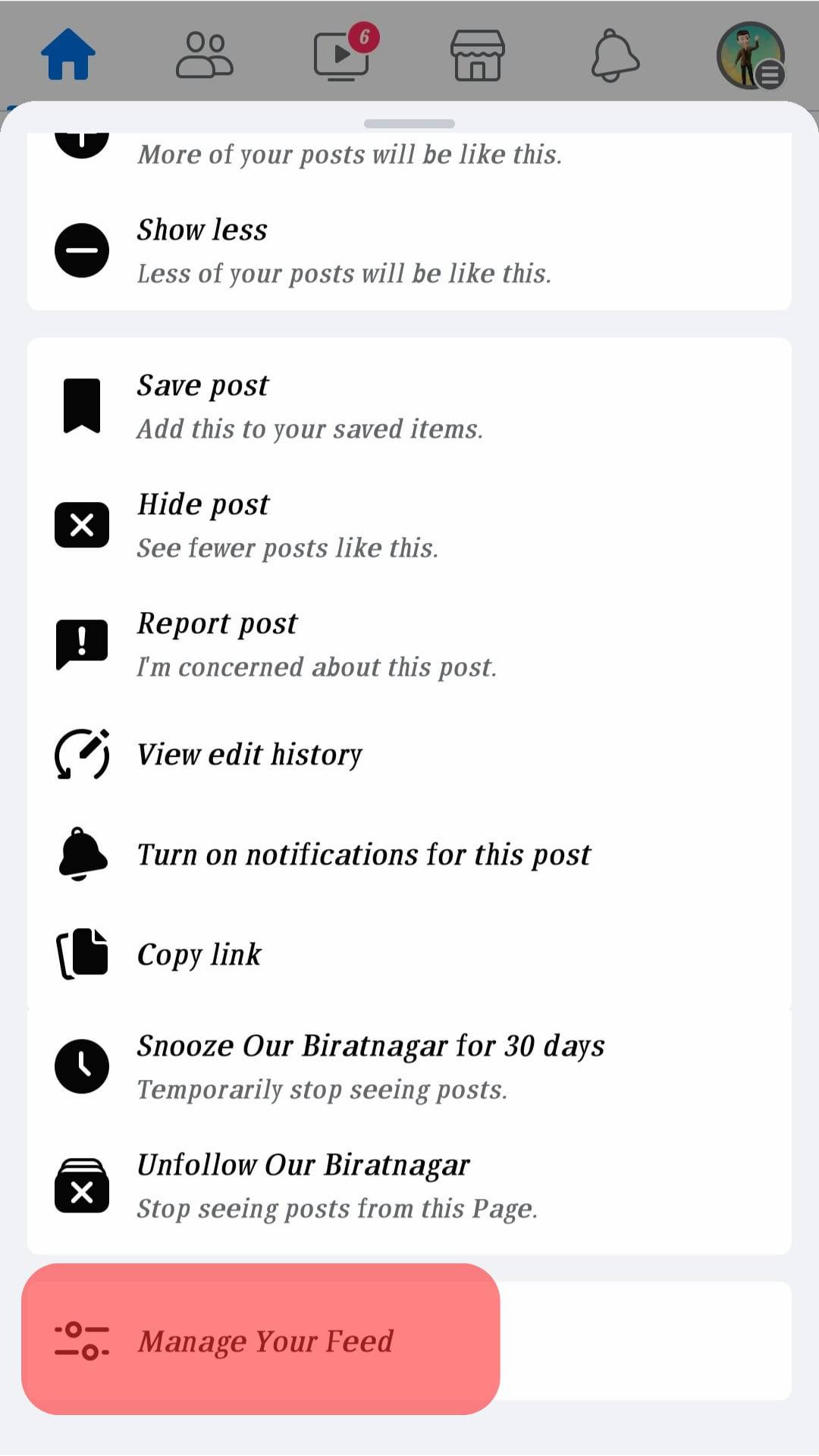 Select The Manage Your Feed Option