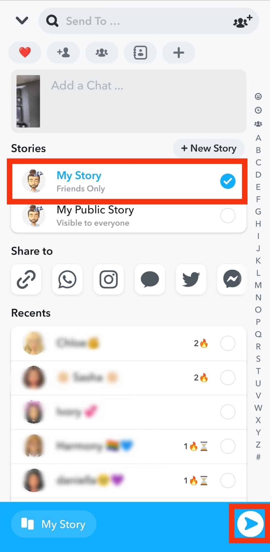 Select The “My Story” Option And Tap The Arrow Icon