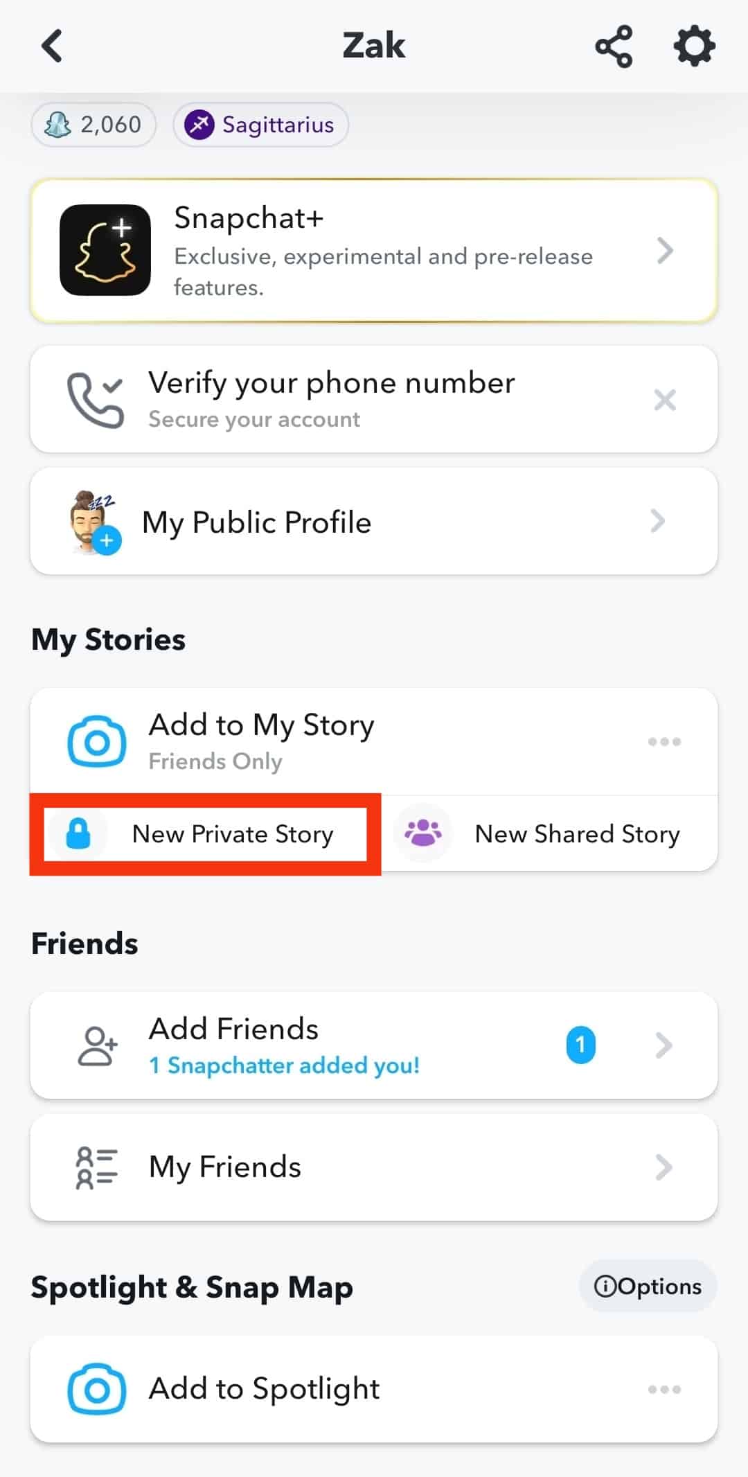 Select The New Private Story Option