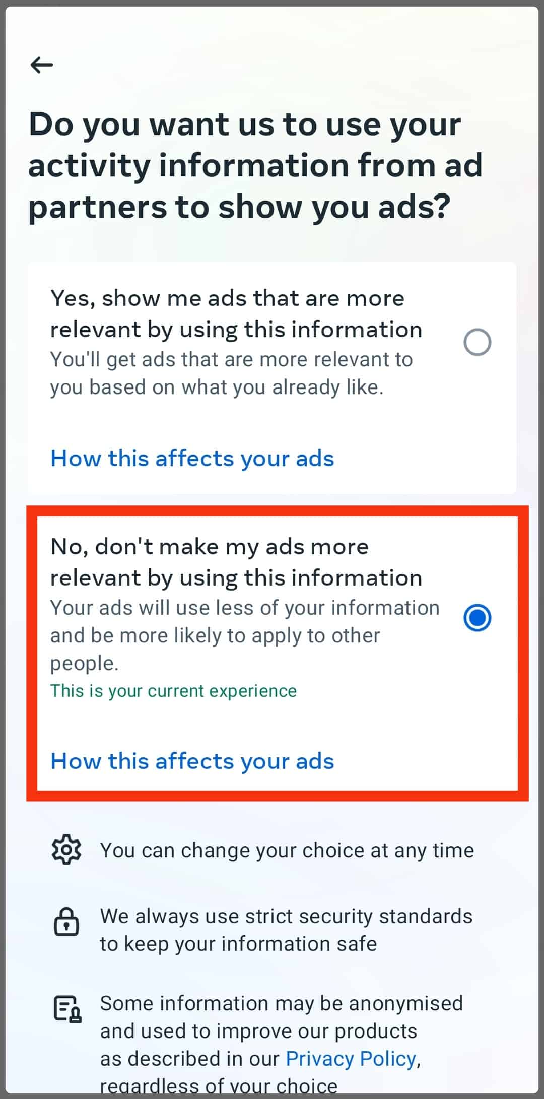 Select The No, Don't Make My Ads More Relevant By Using This Information Option