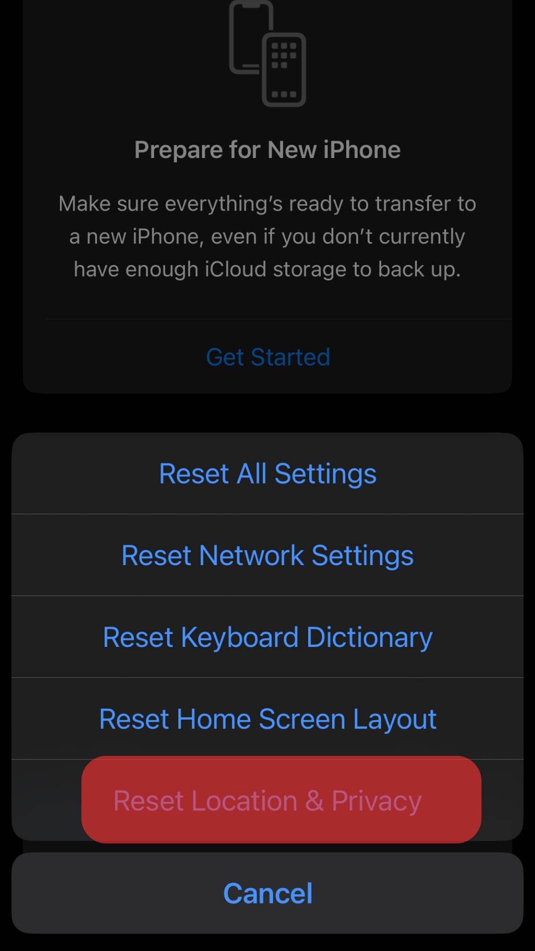 Select The Reset Location &Amp; Privacy Option.&Nbsp;
