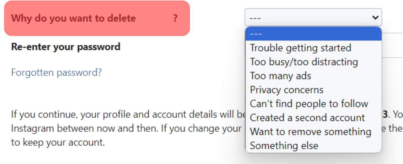 Select The Reason To Delete Your Account.