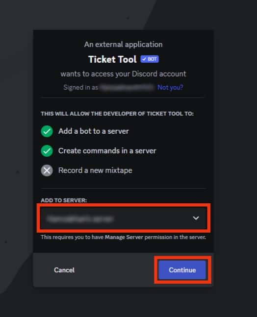 Select Your Discord Server And Click The Continue Button