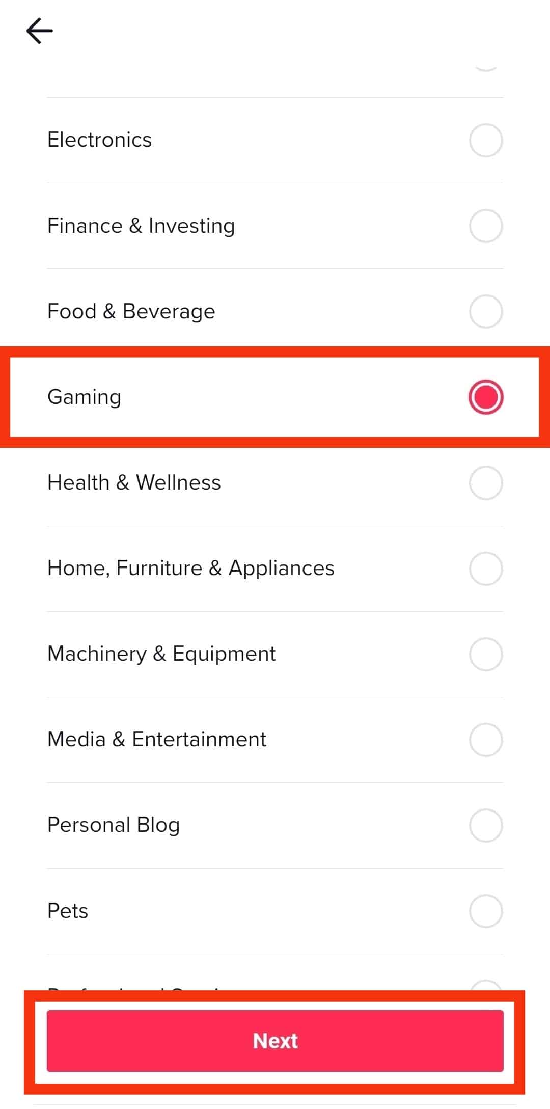 Select Your Category And Tap Next