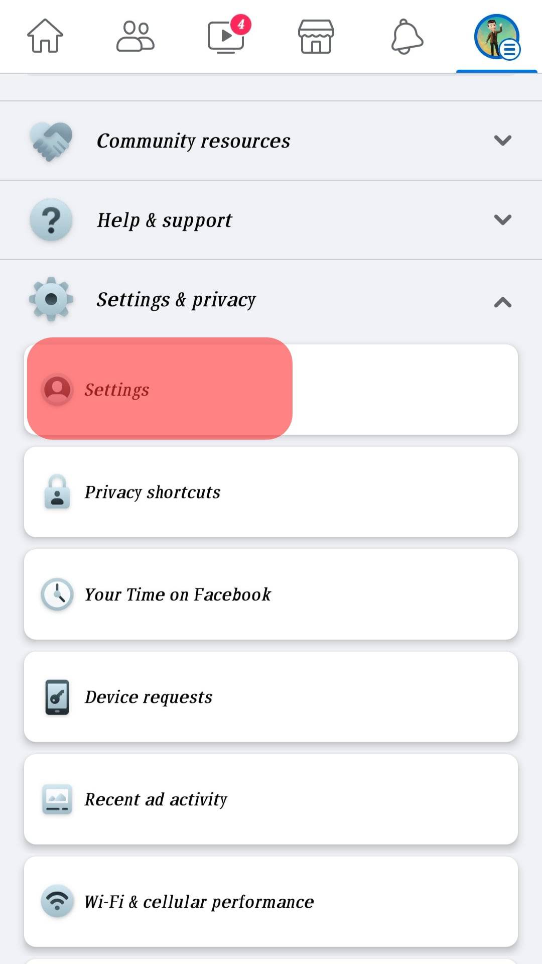 Settings Facebook