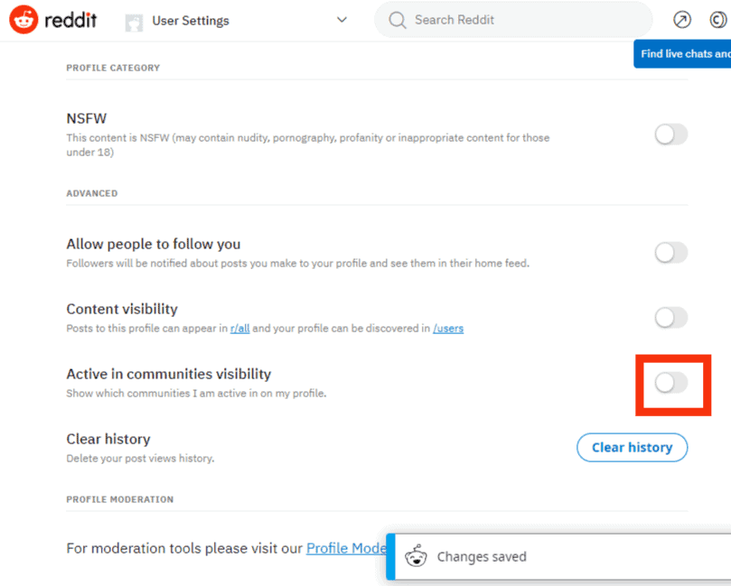 Slide The Toggle Next To Active In Communities Visibility To Off