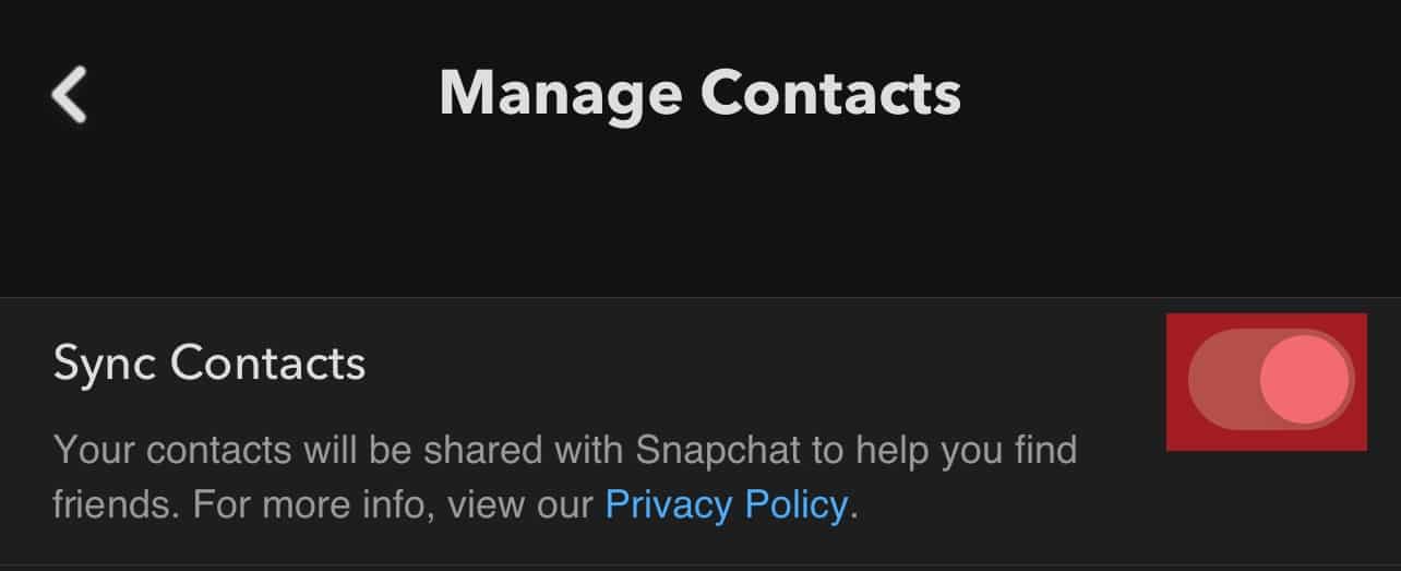 Snapchat Sync Contacts Toggle