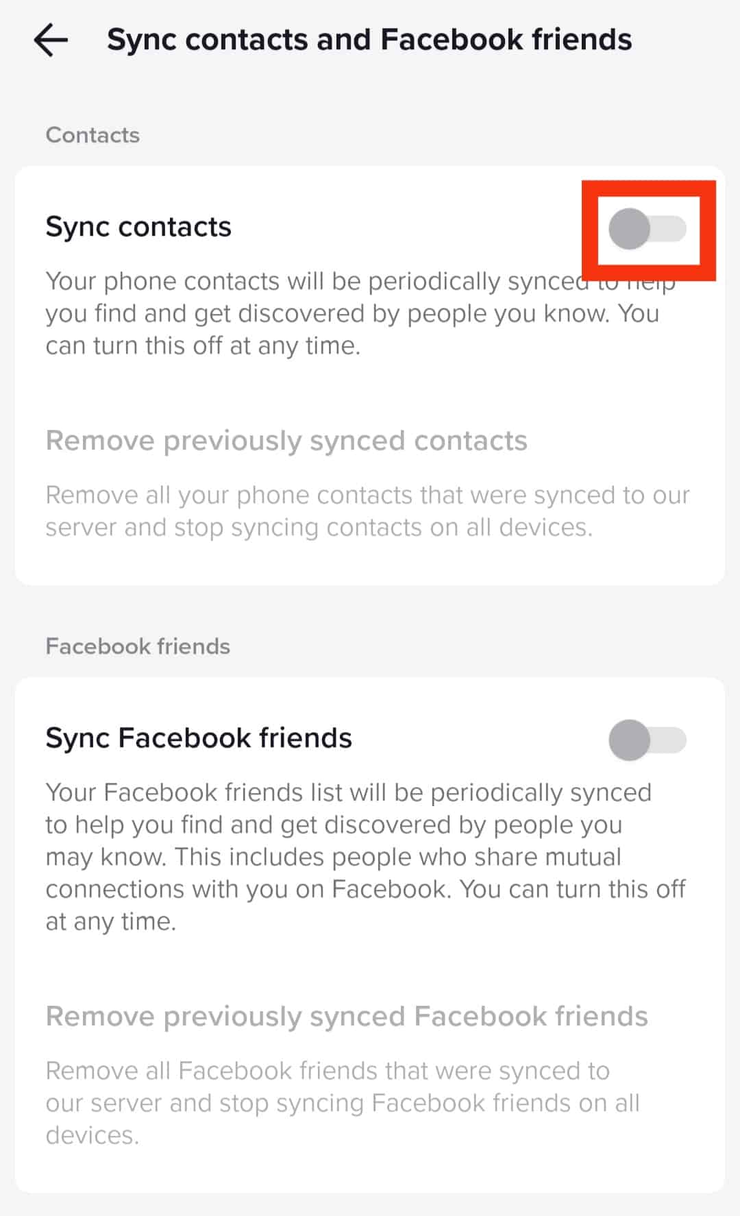 Switch Off The Sync Contacts Toggle