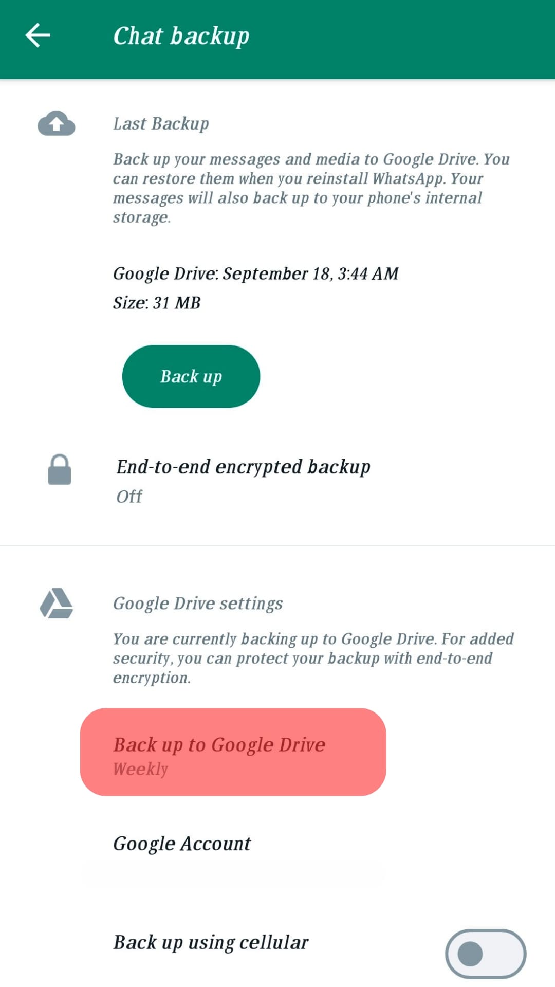 Tap Back Up To Google Drive.