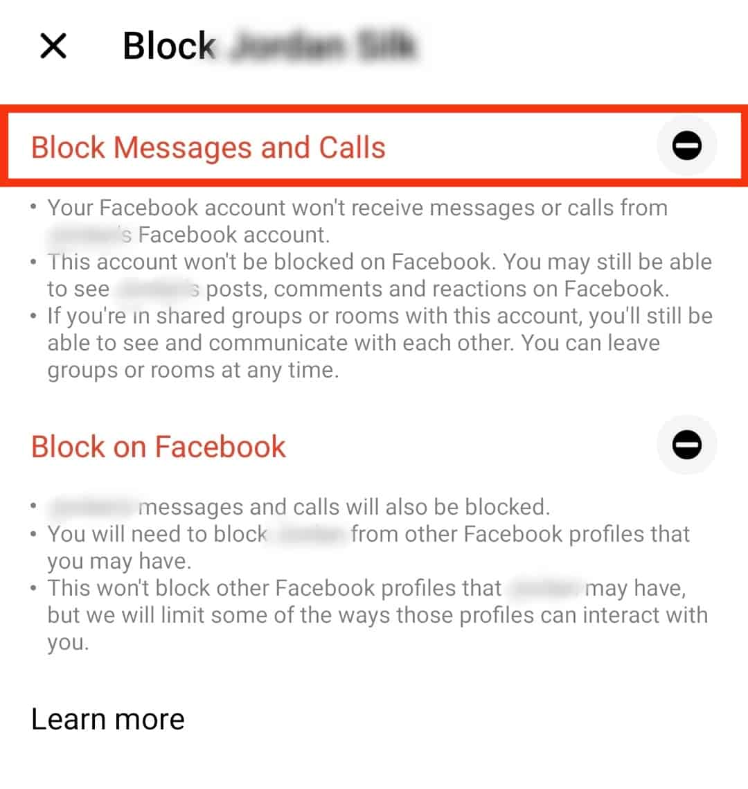 Tap Block Messages And Calls To Block Them On Messenger