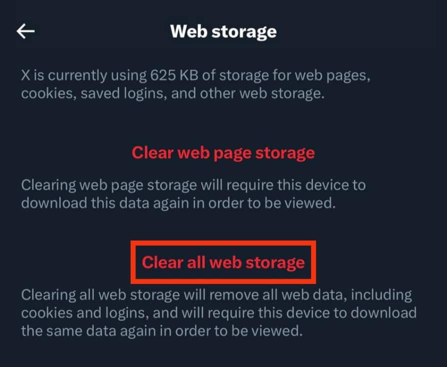 Tap Clear All Web Storage