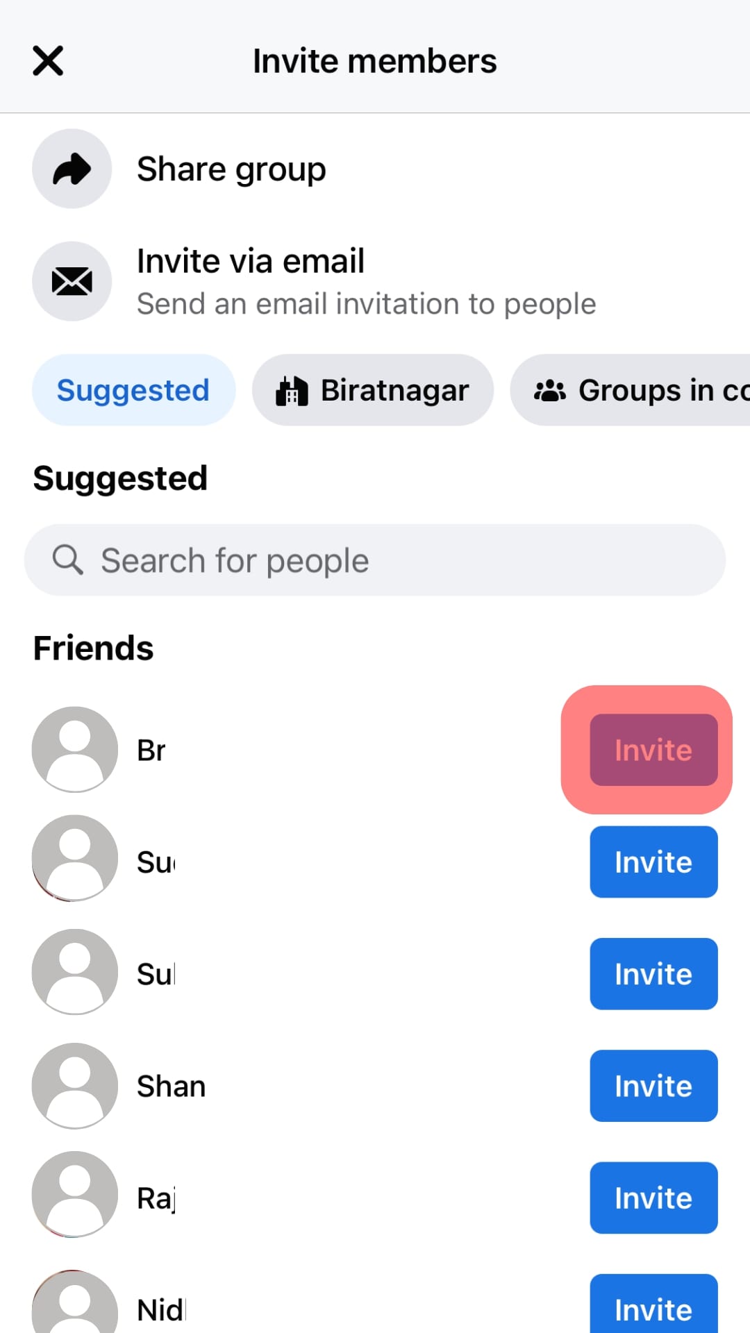 Tap Invite Next To The Names Of The People