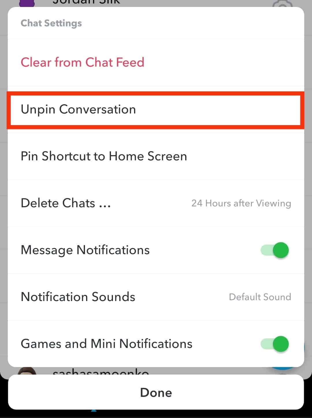 Tap Unpin Conversation