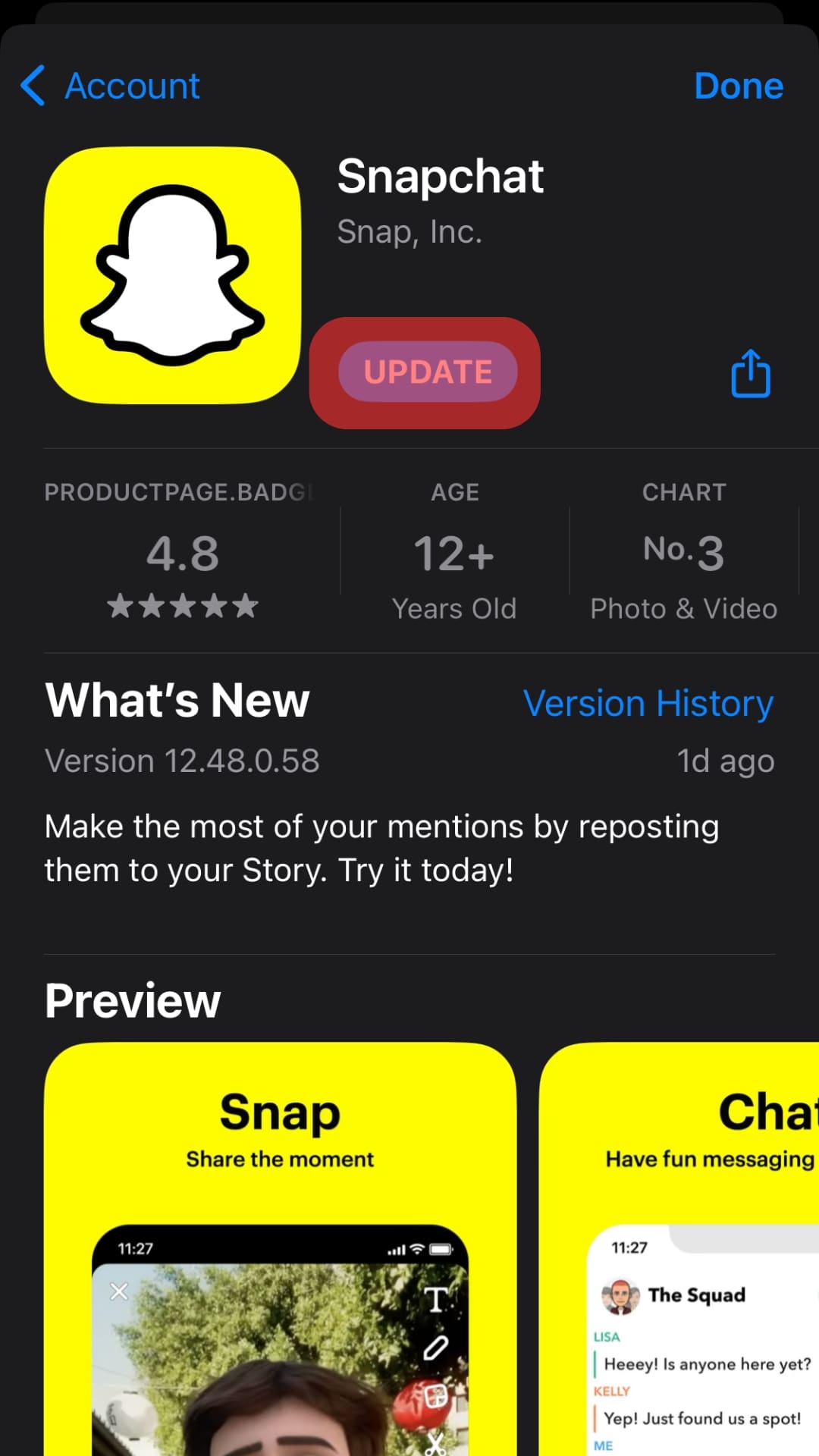 Tap Update Snapchat