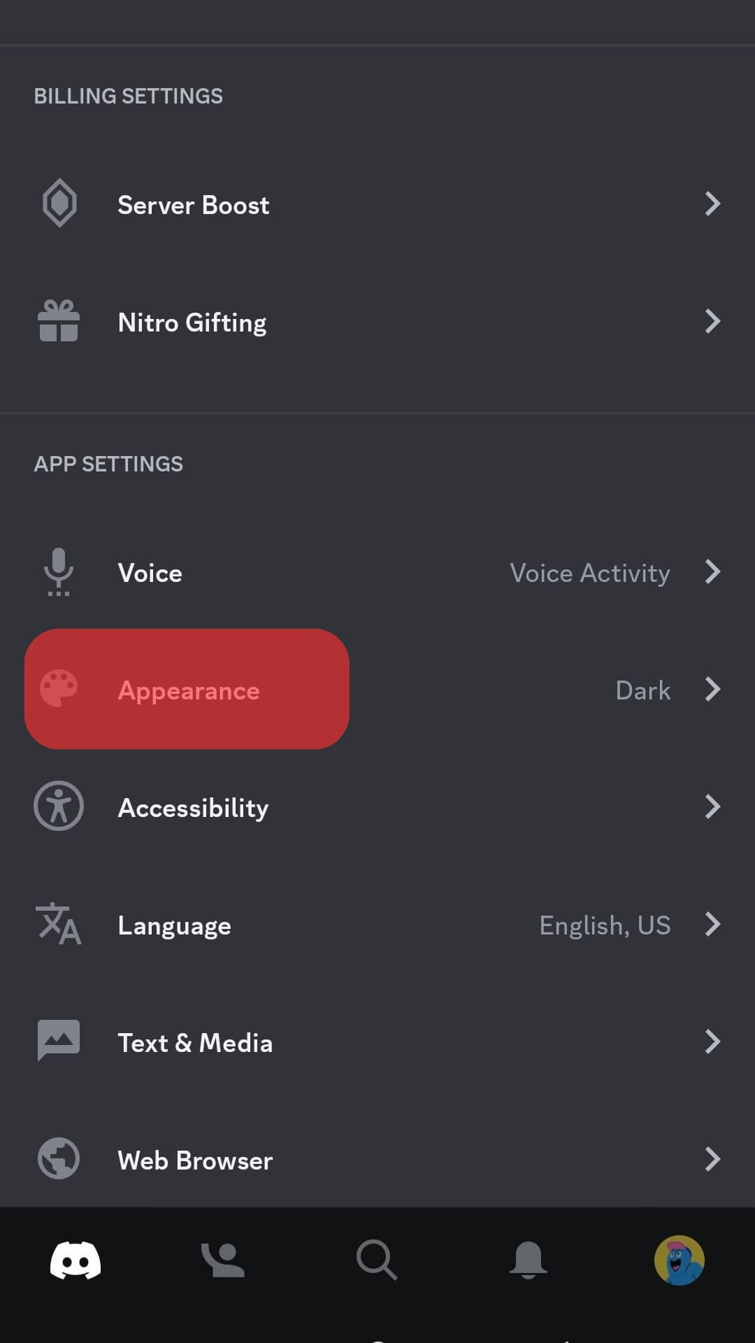 Tap On Appearance Under App Settings Discord