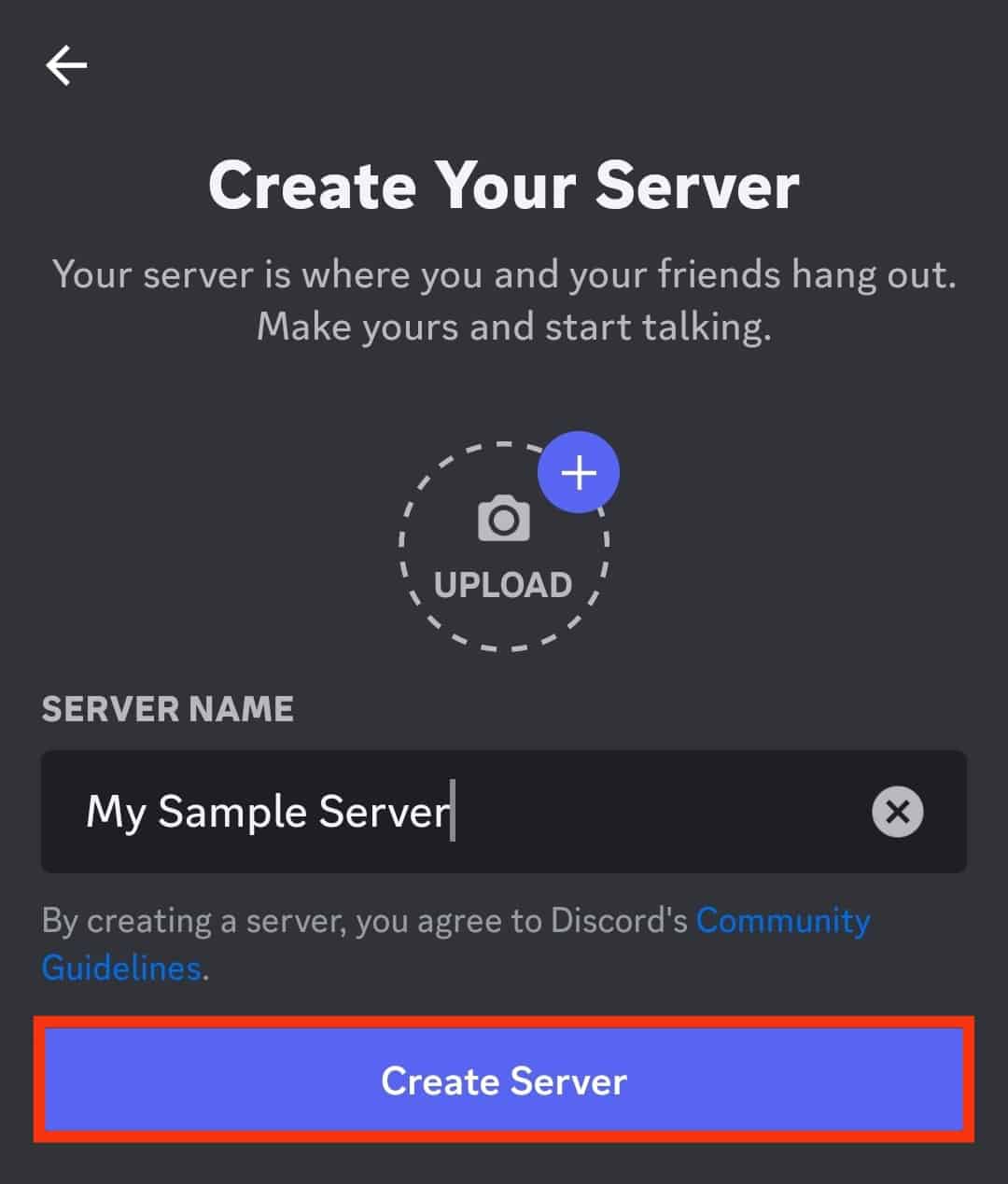 Tap On Create Server Button