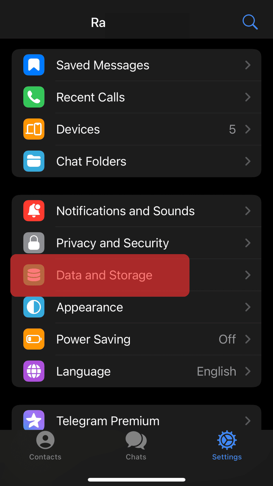 Tap On Data And Storage Telegram