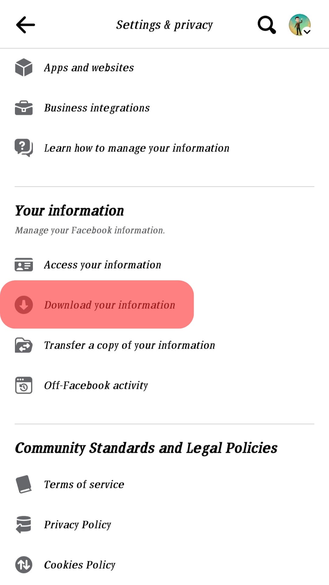 Tap On Download Your Information Facebook Mobile