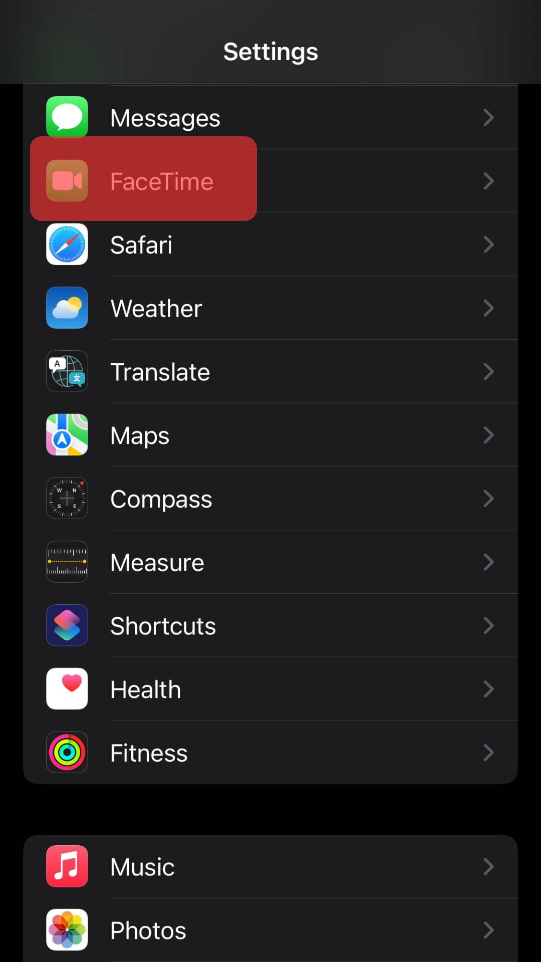 Tap on FaceTime under Settings