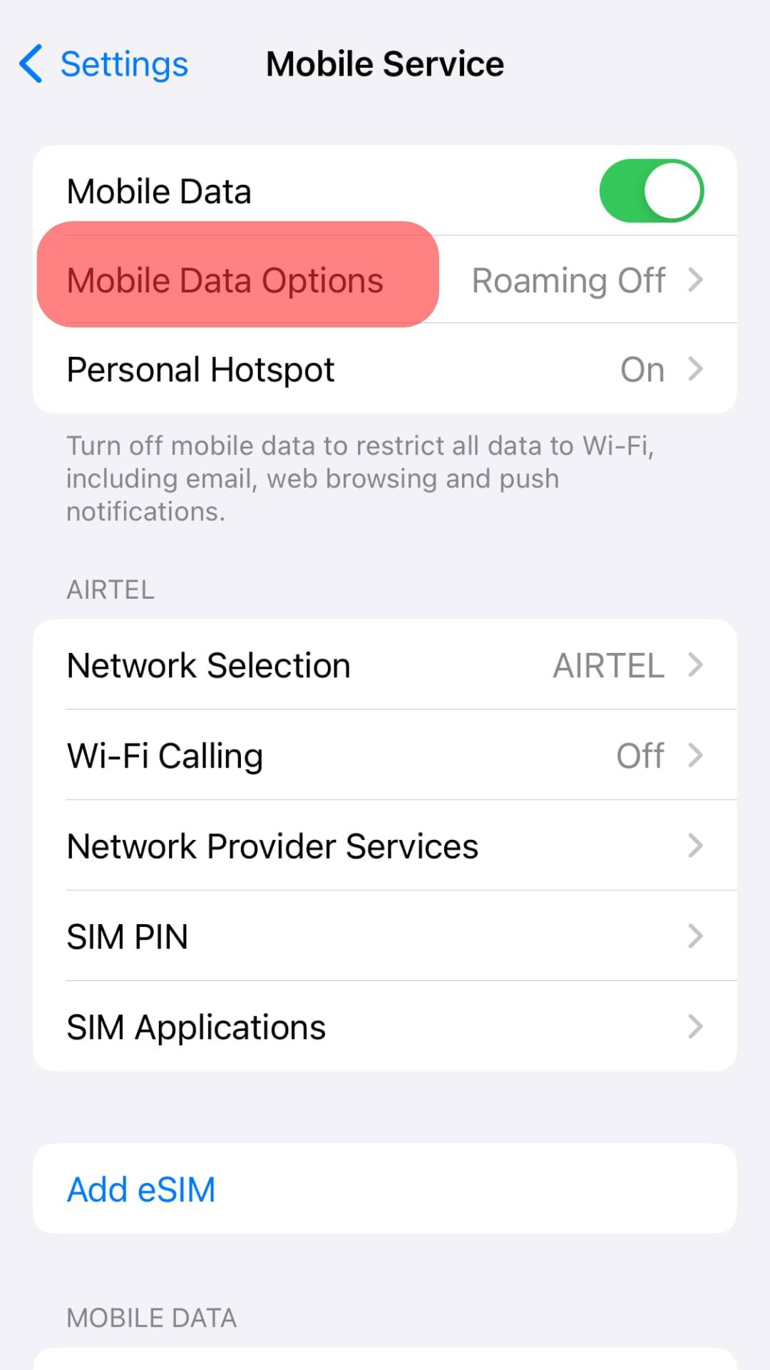 Tap On Mobile Data Options.