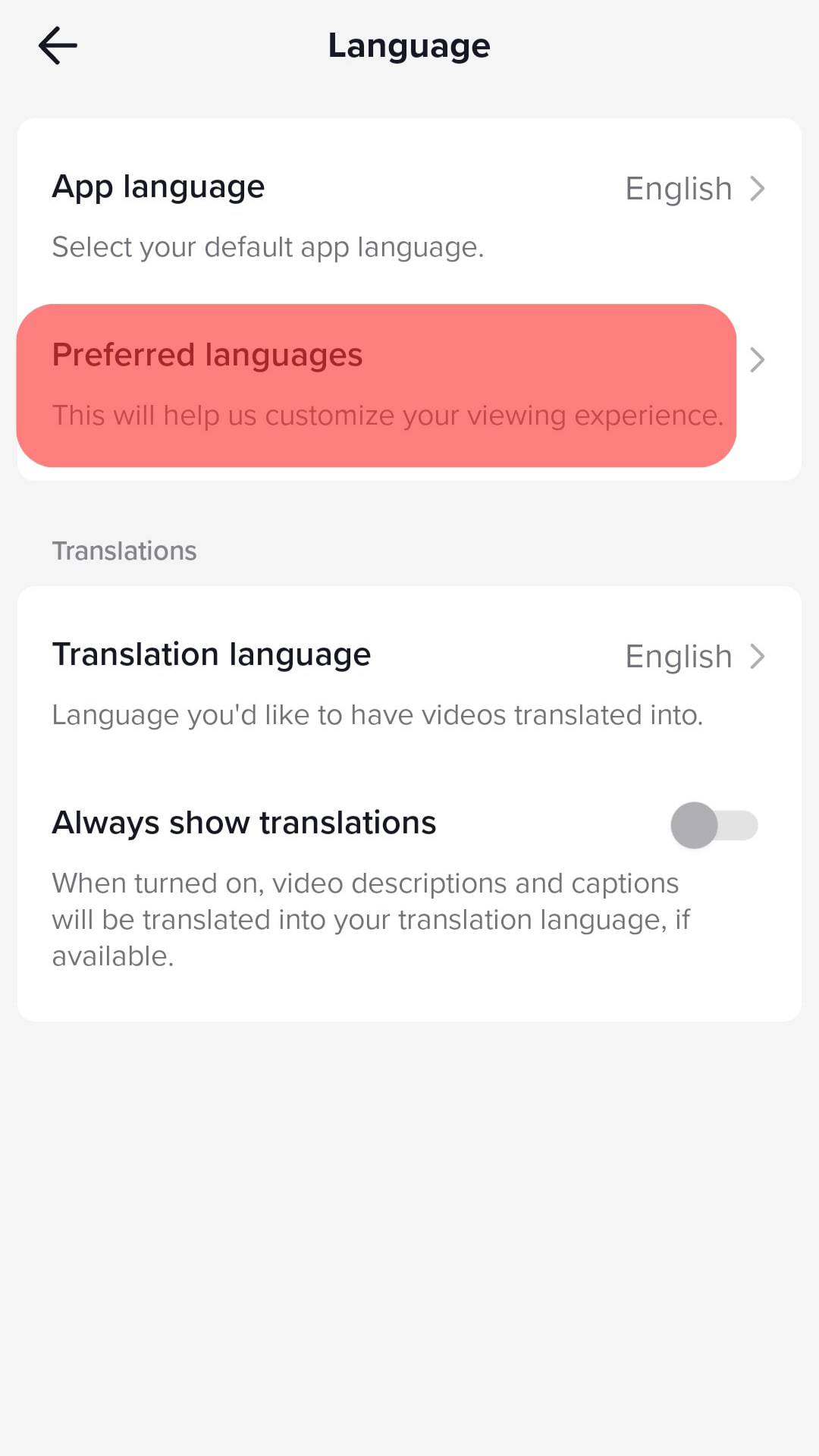 Tap On Preferred Languages