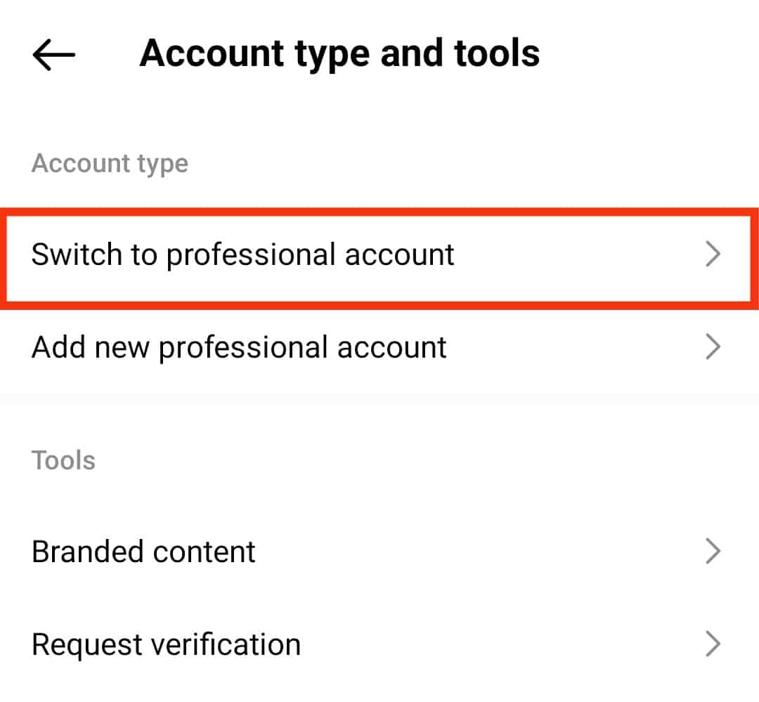 Tap On Switch To Professional Account