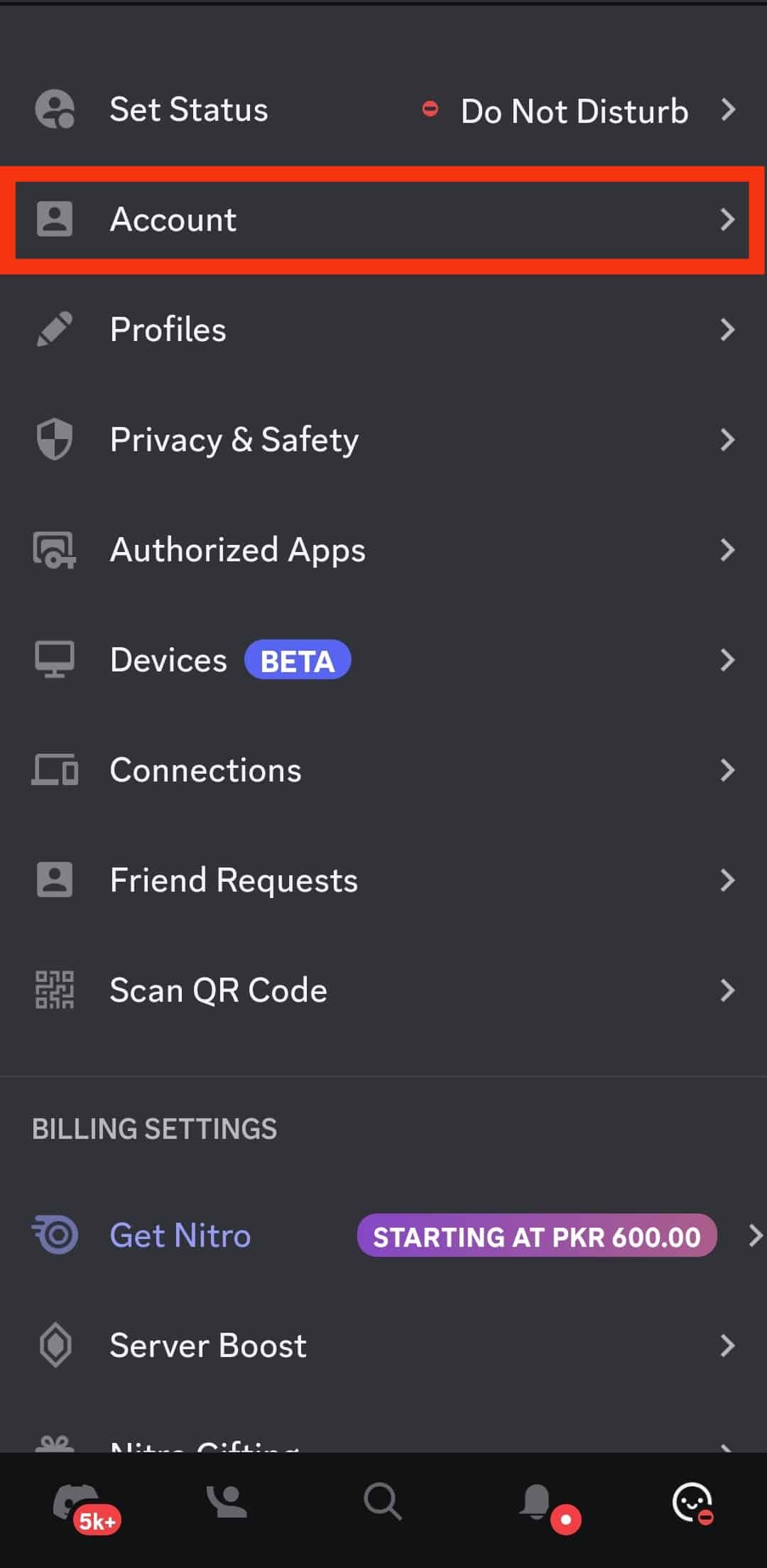 Tap On The Account Option