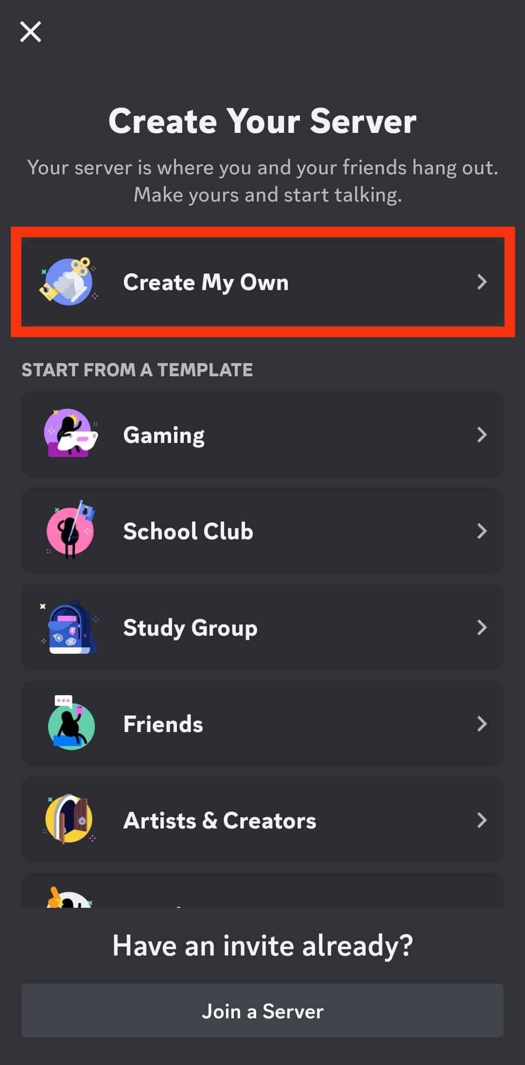 Tap On The Create My Own Option