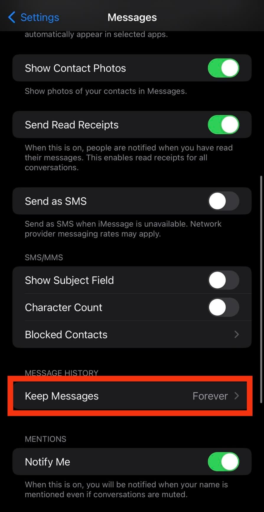 Tap On The Keep Messages Option