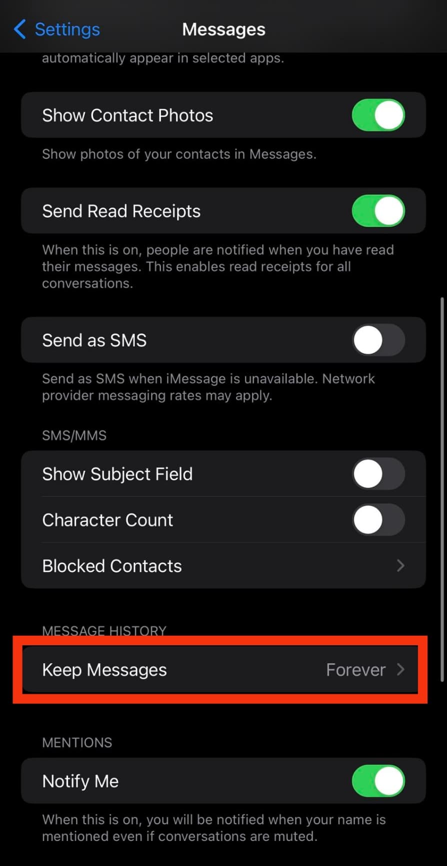 Tap On The Keep Messages Option