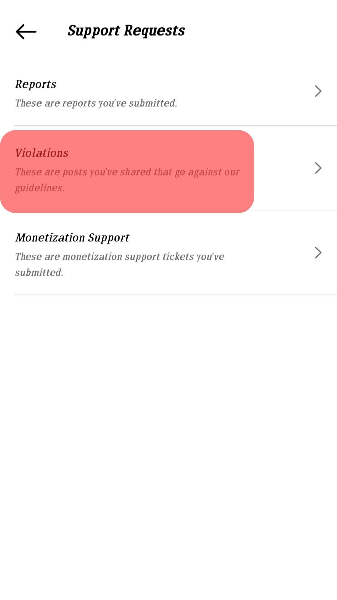 Tap On The Support Requests Tab And Click On Violations.