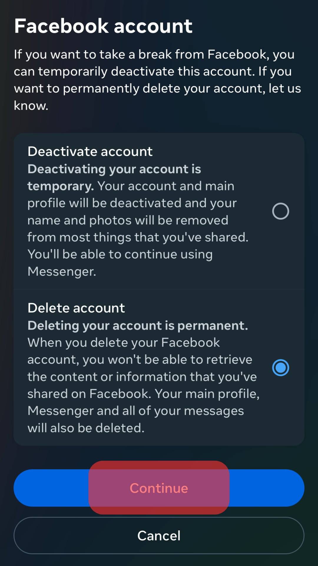 Tap The Continue In The Account Deletion Prompt.
