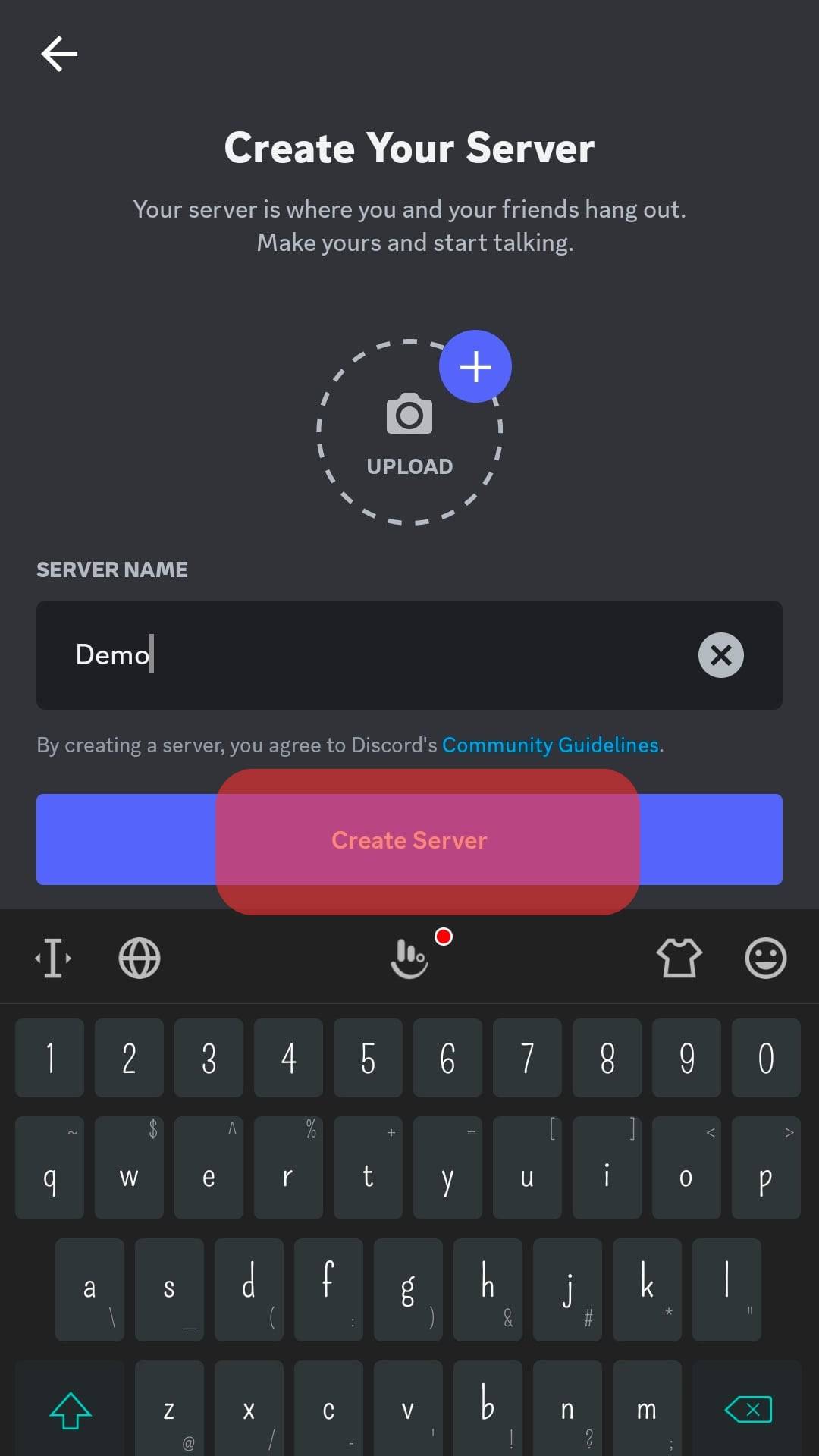 Tap The Create Server Button.