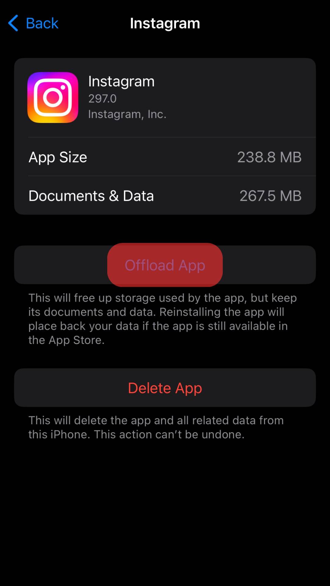 Tap The Offload App Button Instagram