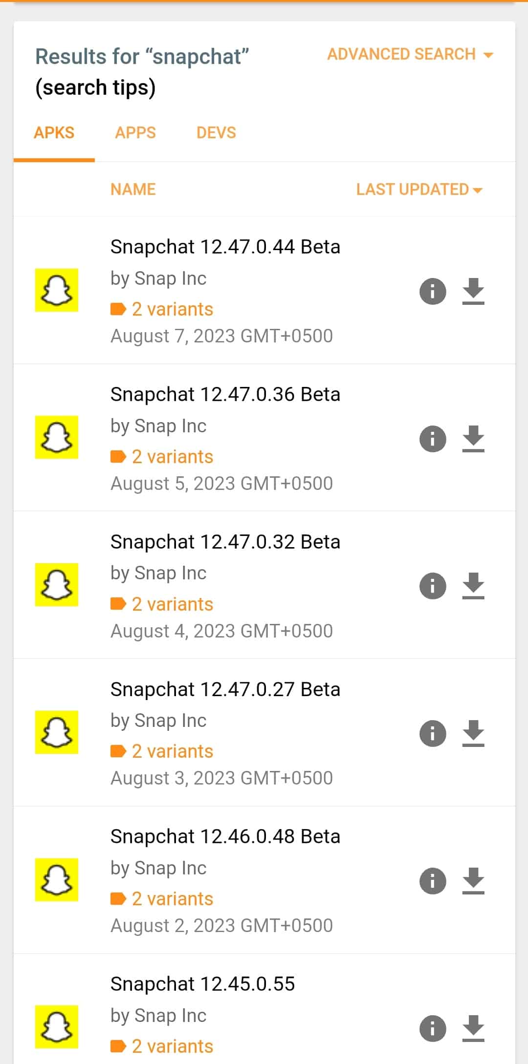The Page Will Redirect To A List Of Various Versions Of Snapchat