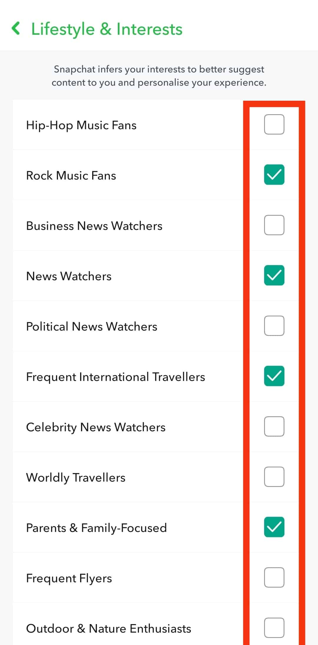 Tick Or Untick Different Categories