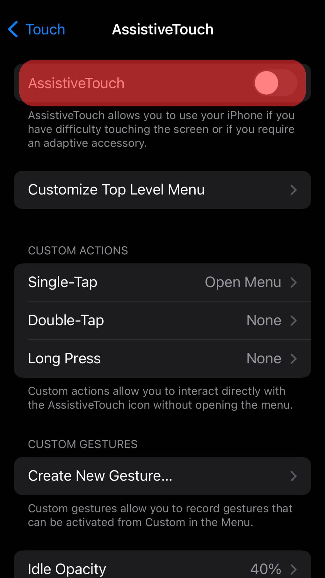 Toggle On The Assistive Touch Option
