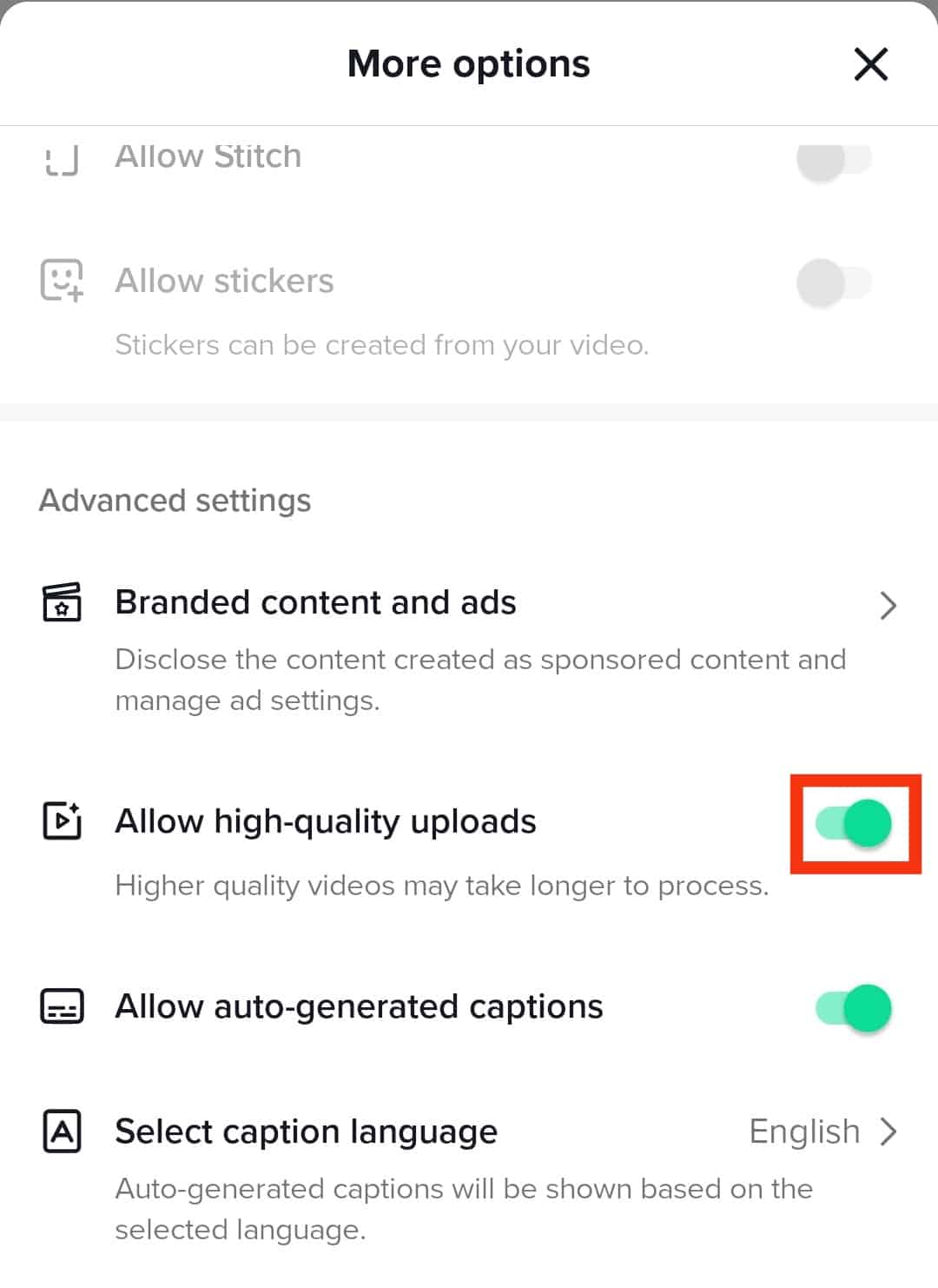 Toggle On Allow High-Quality Uploads