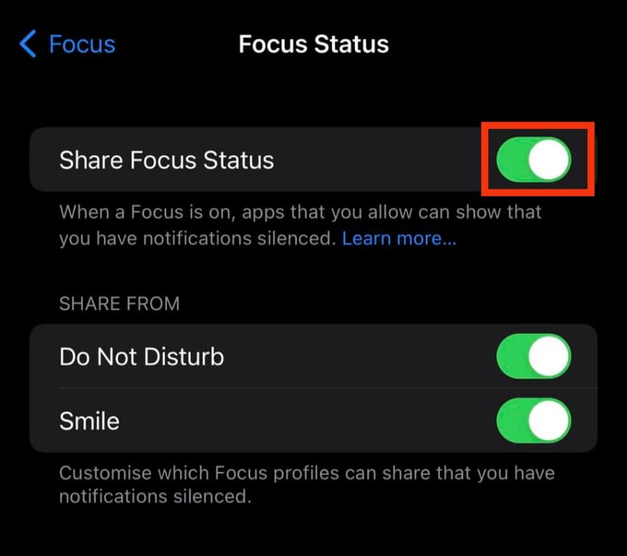 Toggle On The Share Focus Status