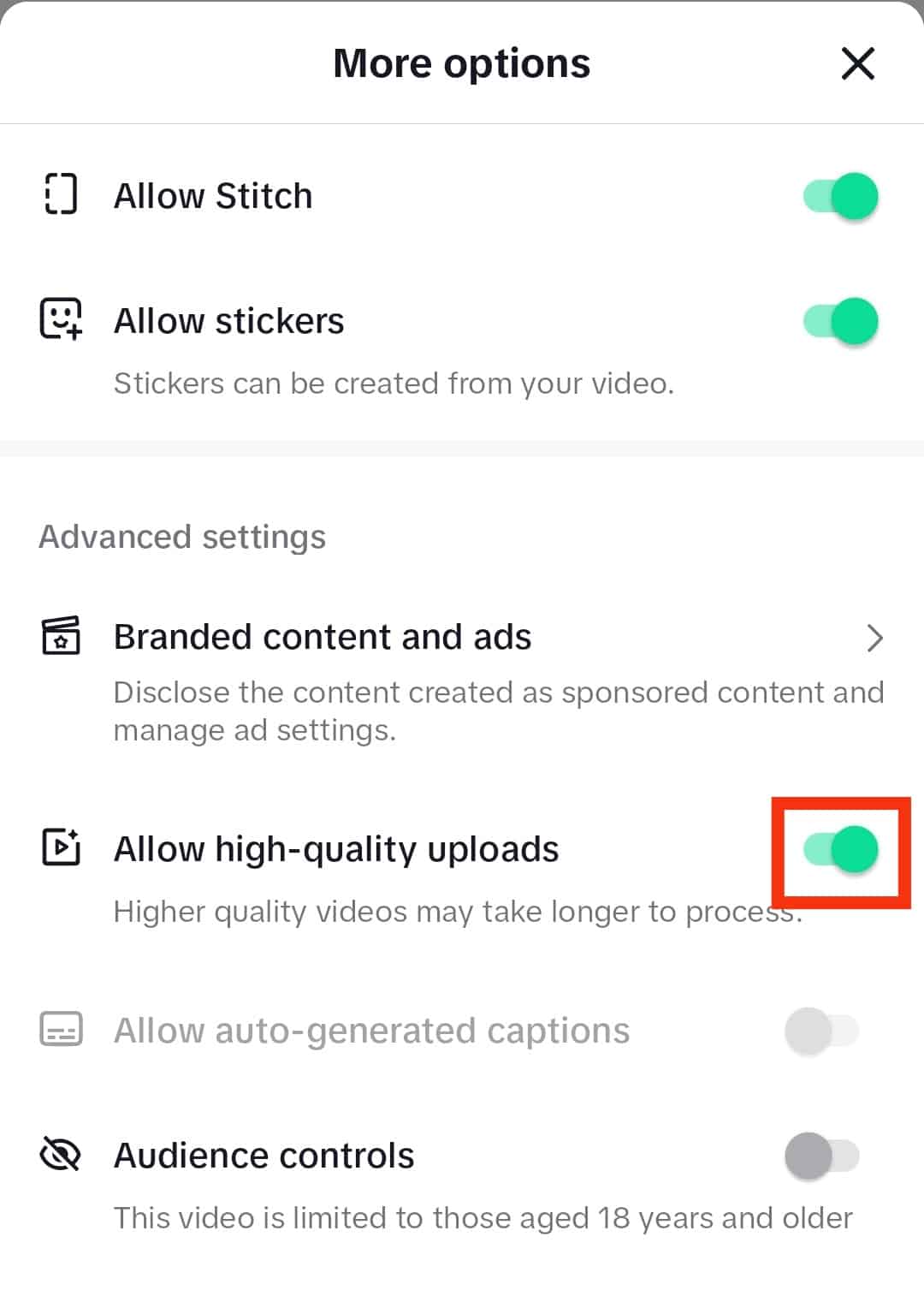 Toggle The Allow High-Quality Uploads Button