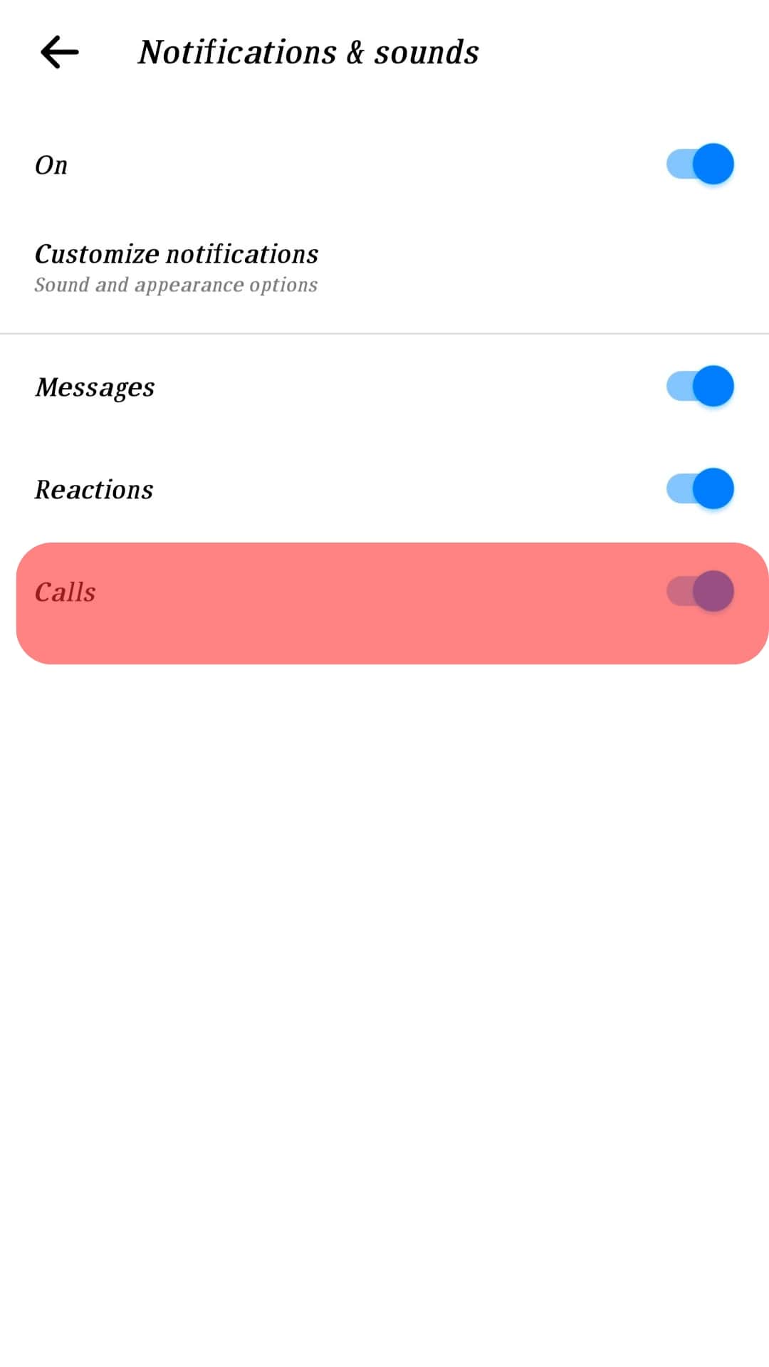 Turn On Calls Toggle