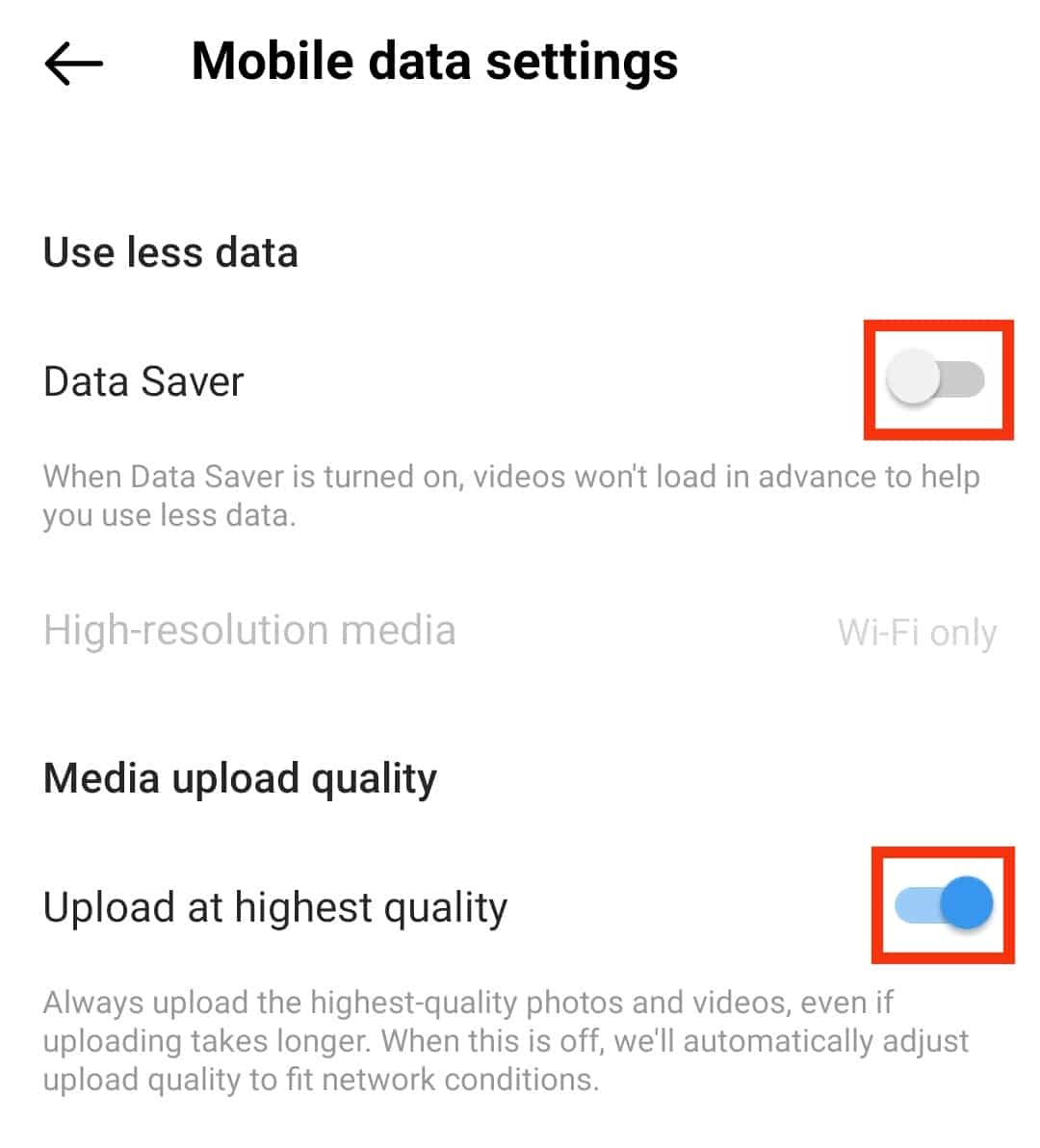 Turn Off The Data Saver And Enable The High Quality Media Upload